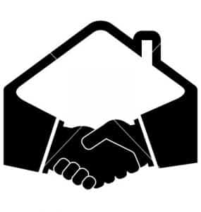 black handshake icon with home roof silhouette